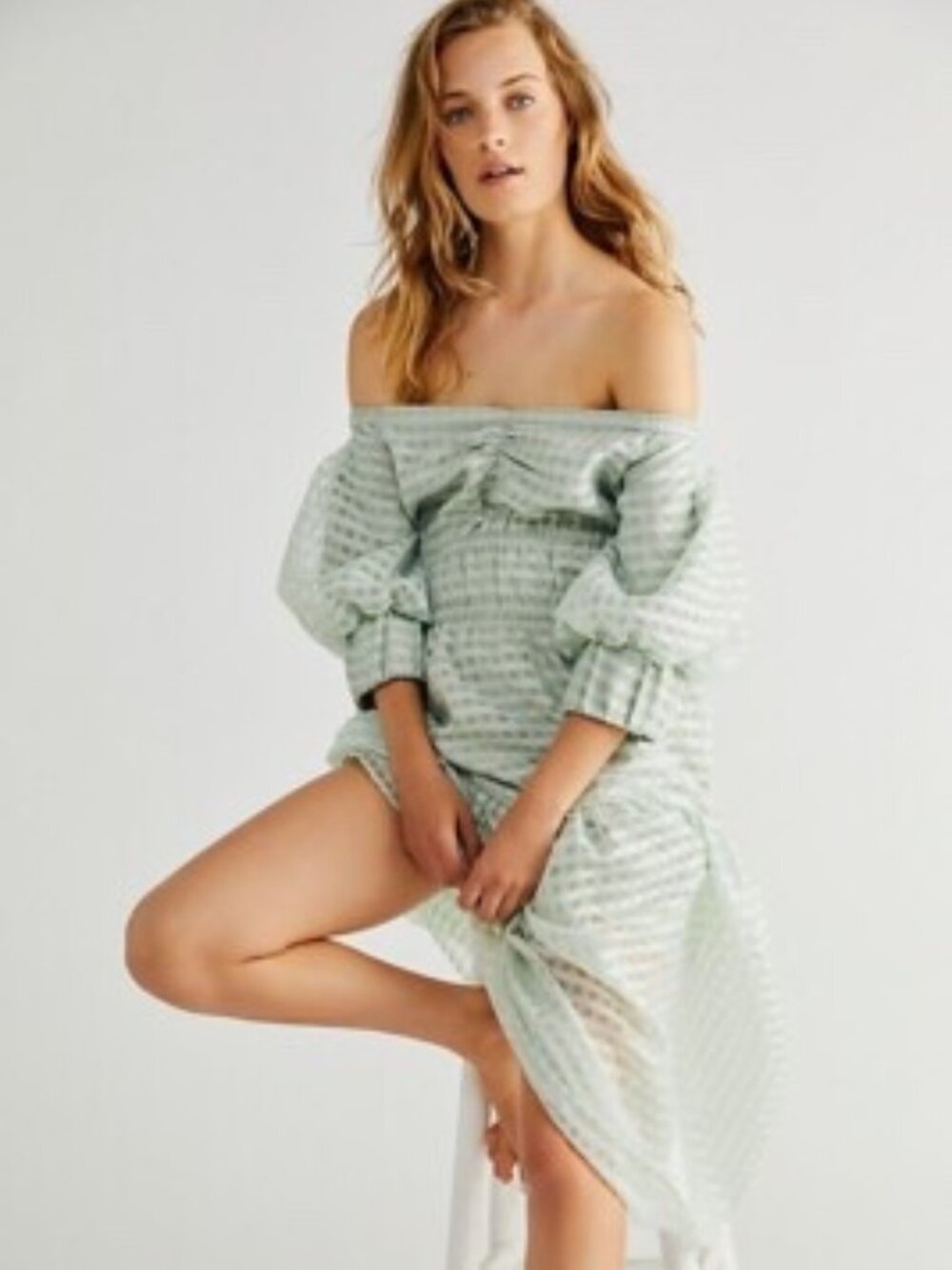Mare Mare x Free People Molly Plaid Gingham Smocked Midi Dress Mint Green XS Wom